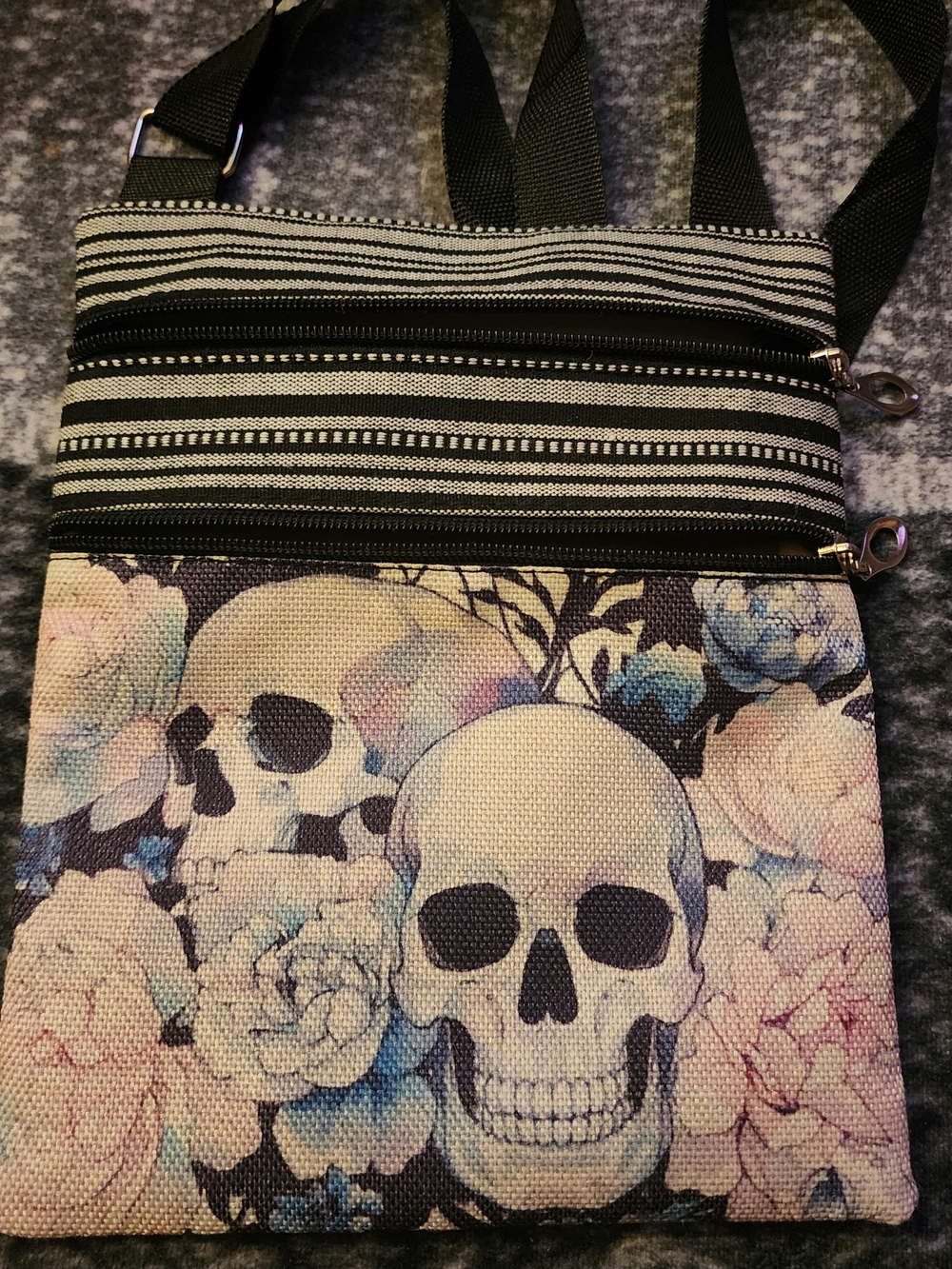 Source Unknown Black Crossbody Bag with Pastel Floral Skull Print